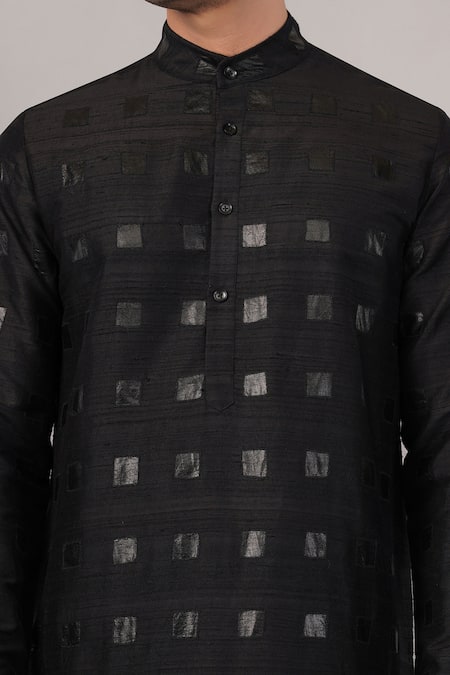 Abraham And Thakore Black Silk Applique Foil Kurta at Aza Fashions Abraham And Thakore_Black Silk Applique Foil Kurta _at_Aza_Fashions