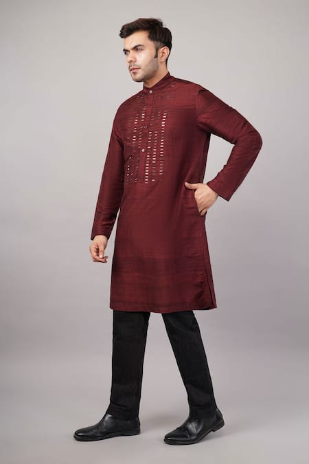 Abraham And Thakore_Red Dupion, Silk Sequins Dash Pattern Kurta _Online_at_Aza_Fashions