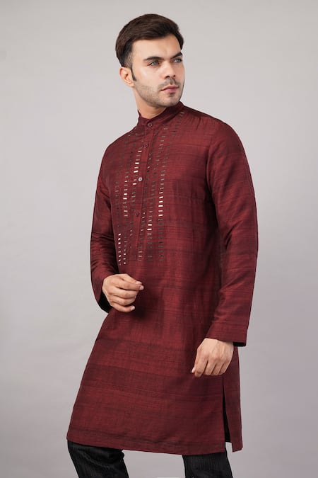 Buy_Abraham And Thakore_Red Dupion, Silk Sequins Dash Pattern Kurta _Online_at_Aza_Fashions