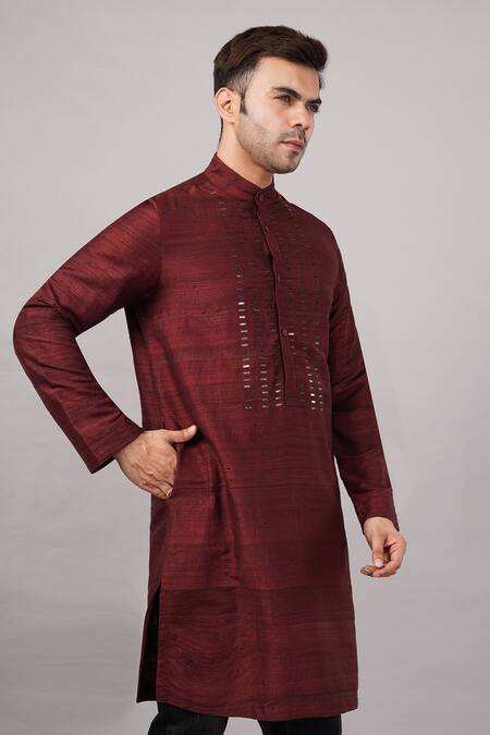 Shop_Abraham And Thakore_Red Dupion, Silk Sequins Dash Pattern Kurta _Online_at_Aza_Fashions