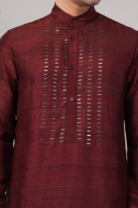 Abraham And Thakore_Red Dupion, Silk Sequins Dash Pattern Kurta _at_Aza_Fashions