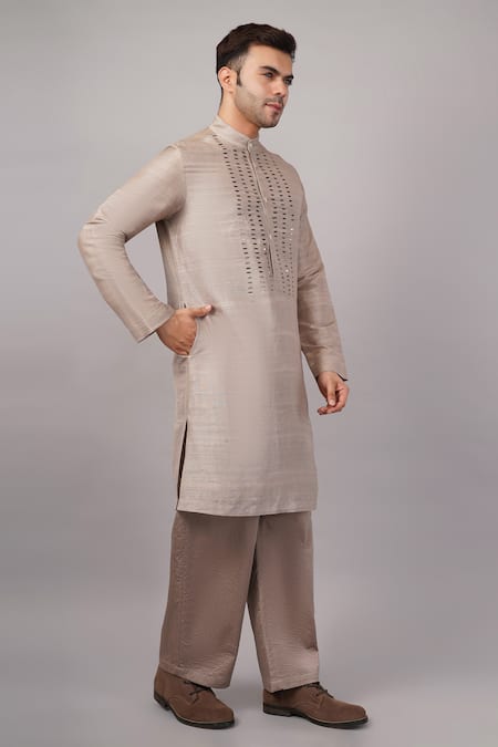 Buy_Abraham And Thakore_Beige Dupion Sequins Dash Pattern Kurta _Online_at_Aza_Fashions