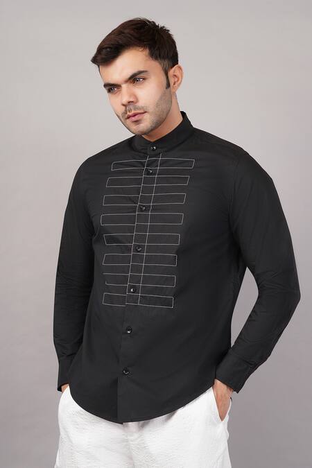 Abraham And Thakore_Black Poplin Embroidery Dori Yoke Pattern Shirt _Online_at_Aza_Fashions