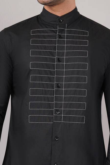 Buy_Abraham And Thakore_Black Poplin Embroidery Dori Yoke Pattern Shirt _Online_at_Aza_Fashions