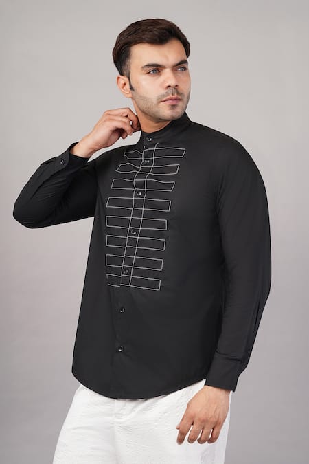 Shop_Abraham And Thakore_Black Poplin Embroidery Dori Yoke Pattern Shirt _Online_at_Aza_Fashions