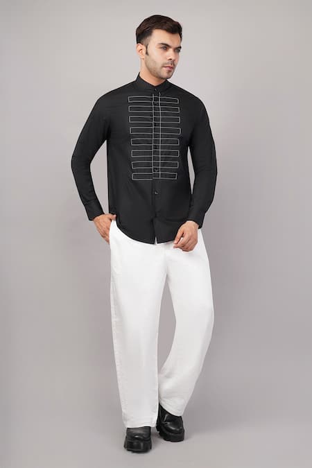 Abraham And Thakore_Black Poplin Embroidery Dori Yoke Pattern Shirt _at_Aza_Fashions