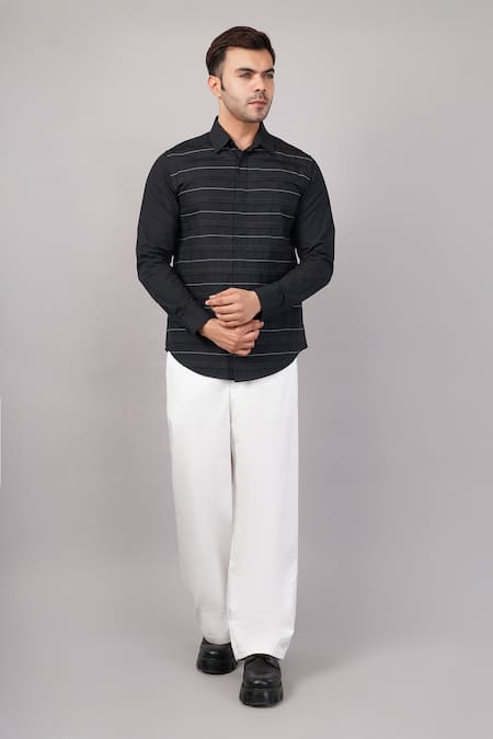 Abraham And Thakore_Black Poplin Pleated Stripes Pattern Shirt _Online_at_Aza_Fashions