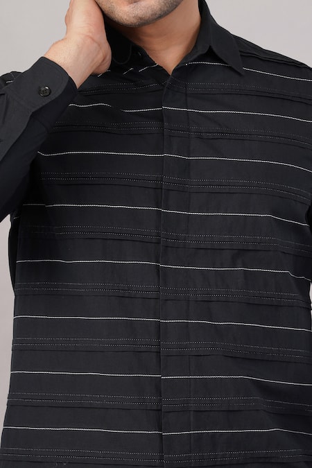 Shop_Abraham And Thakore_Black Poplin Pleated Stripes Pattern Shirt _Online_at_Aza_Fashions