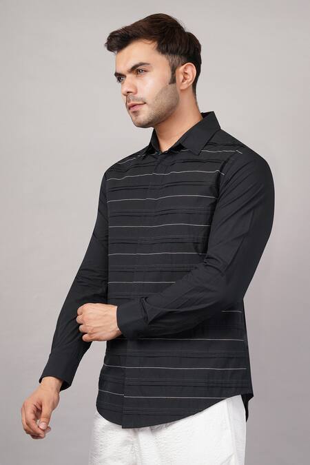 Abraham And Thakore_Black Poplin Pleated Stripes Pattern Shirt _at_Aza_Fashions