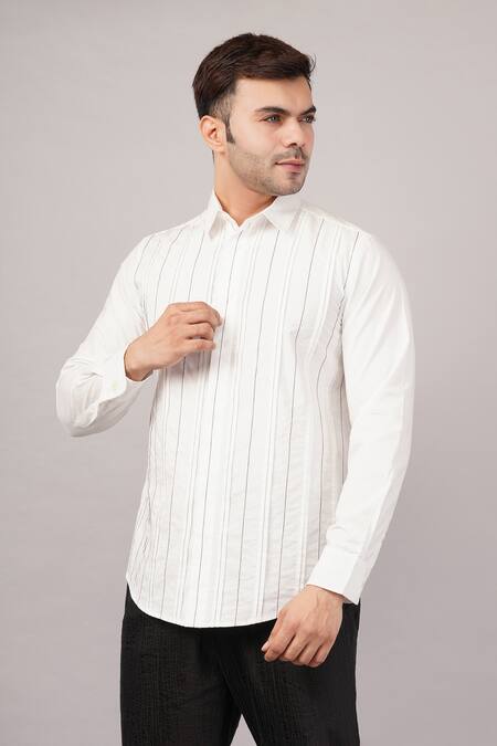 Abraham And Thakore_White Poplin Pleated Stripes Pattern Shirt _Online_at_Aza_Fashions