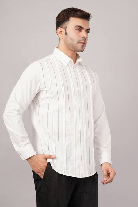 Buy_Abraham And Thakore_White Poplin Pleated Stripes Pattern Shirt _Online_at_Aza_Fashions