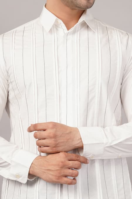 Shop_Abraham And Thakore_White Poplin Pleated Stripes Pattern Shirt _Online_at_Aza_Fashions
