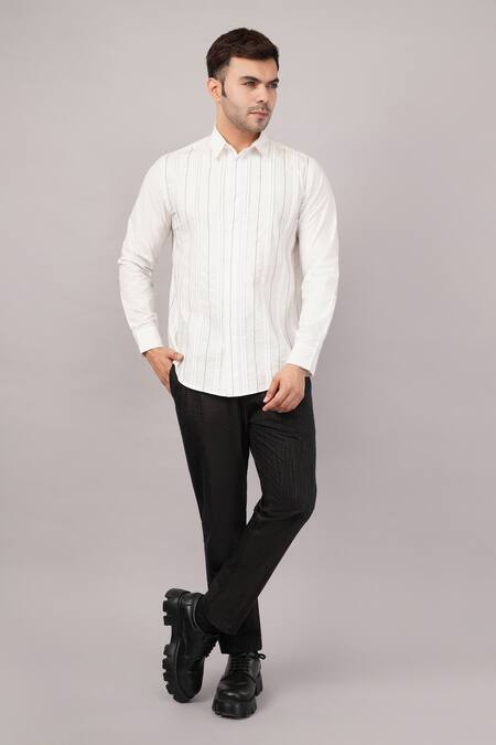 Abraham And Thakore_White Poplin Pleated Stripes Pattern Shirt _at_Aza_Fashions