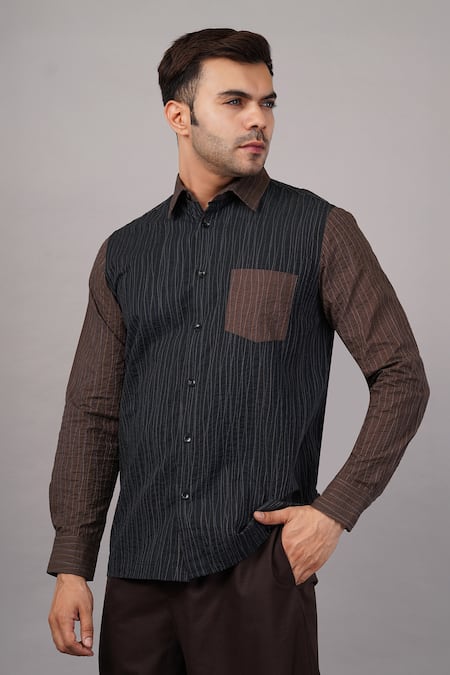 Buy_Abraham And Thakore_Black Poplin Crazy Quilt Pattern Shirt _Online_at_Aza_Fashions