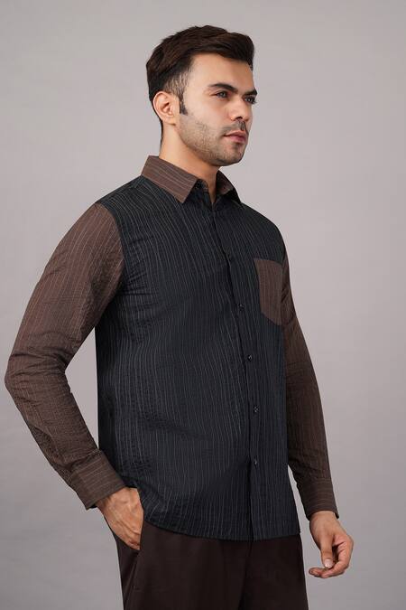 Shop_Abraham And Thakore_Black Poplin Crazy Quilt Pattern Shirt _Online_at_Aza_Fashions