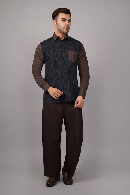 Abraham And Thakore_Black Poplin Crazy Quilt Pattern Shirt _at_Aza_Fashions