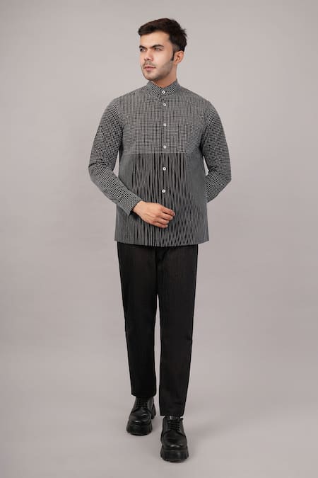 Abraham And Thakore Black Cotton Check And Stripe Pattern Shirt Online at Aza Fashions Abraham And Thakore_Black Cotton Check And Stripe Pattern Shirt _Online_at_Aza_Fashions