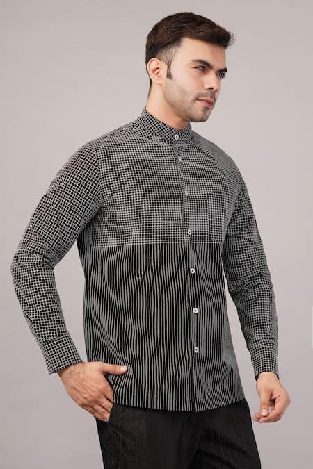 Buy Abraham And Thakore Black Cotton Check And Stripe Pattern Shirt Online at Aza Fashions Buy_Abraham And Thakore_Black Cotton Check And Stripe Pattern Shirt _Online_at_Aza_Fashions