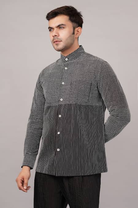 Shop Abraham And Thakore Black Cotton Check And Stripe Pattern Shirt Online at Aza Fashions Shop_Abraham And Thakore_Black Cotton Check And Stripe Pattern Shirt _Online_at_Aza_Fashions
