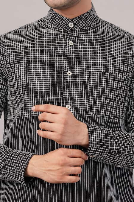 Abraham And Thakore Black Cotton Check And Stripe Pattern Shirt at Aza Fashions Abraham And Thakore_Black Cotton Check And Stripe Pattern Shirt _at_Aza_Fashions