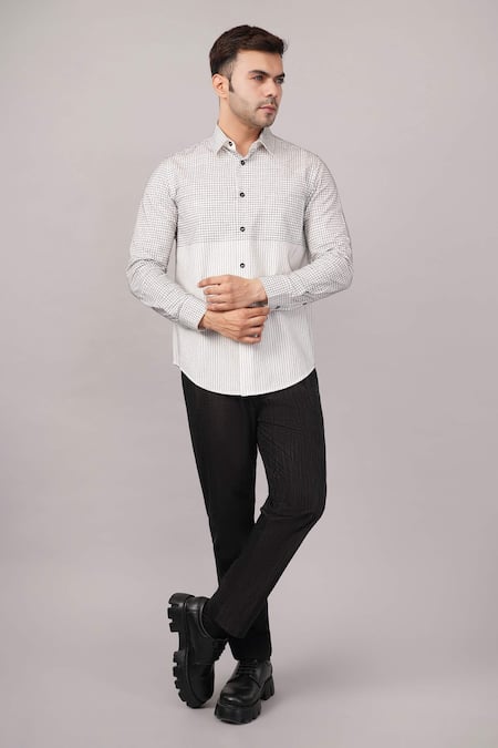 Abraham And Thakore Ivory Cotton Check And Stripe Pattern Shirt Online at Aza Fashions Abraham And Thakore_Ivory Cotton Check And Stripe Pattern Shirt _Online_at_Aza_Fashions