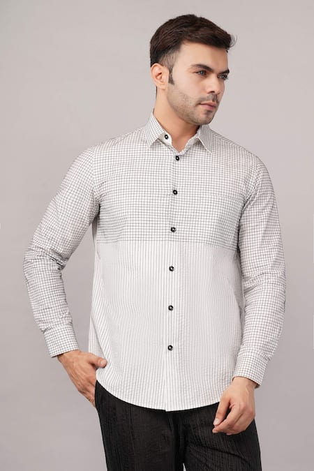 Shop Abraham And Thakore Ivory Cotton Check And Stripe Pattern Shirt Online at Aza Fashions Shop_Abraham And Thakore_Ivory Cotton Check And Stripe Pattern Shirt _Online_at_Aza_Fashions