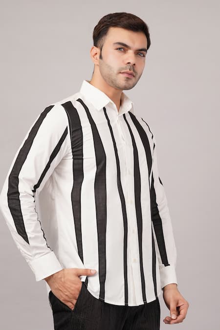 Abraham And Thakore_Ivory Cotton Crazy Stripe Pattern Shirt _Online_at_Aza_Fashions