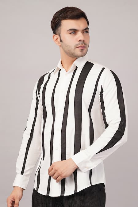 Buy_Abraham And Thakore_Ivory Cotton Crazy Stripe Pattern Shirt _Online_at_Aza_Fashions