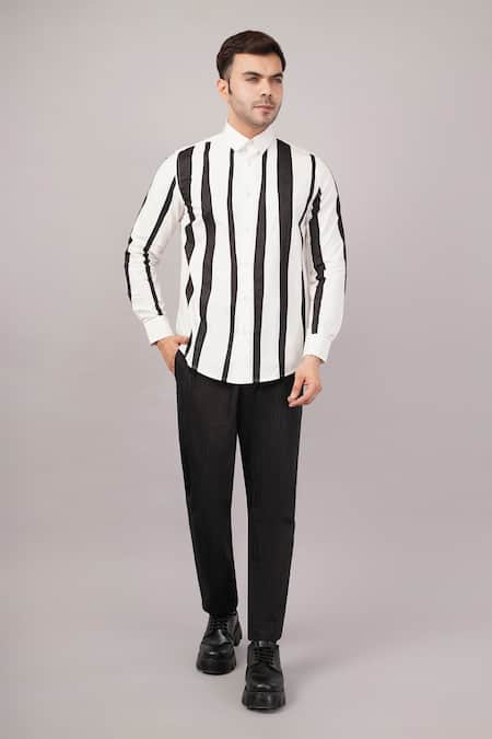 Shop_Abraham And Thakore_Ivory Cotton Crazy Stripe Pattern Shirt _Online_at_Aza_Fashions