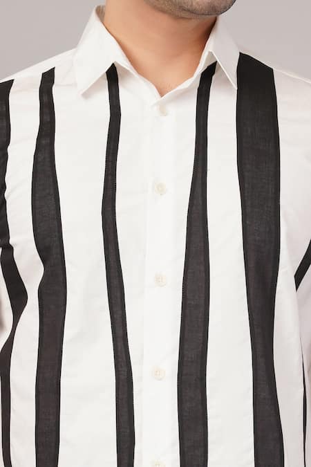 Abraham And Thakore_Ivory Cotton Crazy Stripe Pattern Shirt _at_Aza_Fashions