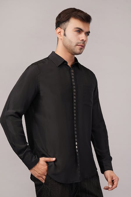 Abraham And Thakore_Black Silk Metal Disk Pattern Shirt _Online_at_Aza_Fashions