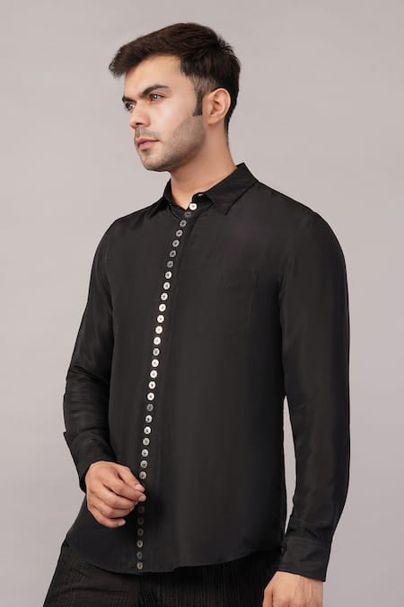 Buy_Abraham And Thakore_Black Silk Metal Disk Pattern Shirt _Online_at_Aza_Fashions