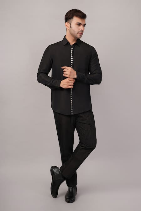 Shop_Abraham And Thakore_Black Silk Metal Disk Pattern Shirt _Online_at_Aza_Fashions