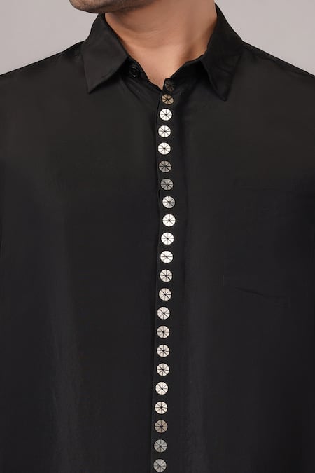 Abraham And Thakore_Black Silk Metal Disk Pattern Shirt _at_Aza_Fashions