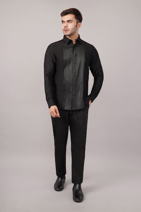Abraham And Thakore_Black Silk Foil Pintuck Shirt _Online_at_Aza_Fashions