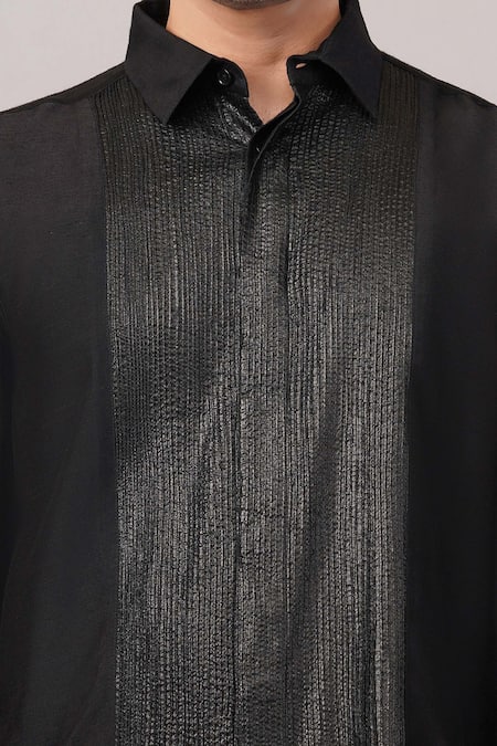Shop_Abraham And Thakore_Black Silk Foil Pintuck Shirt _Online_at_Aza_Fashions