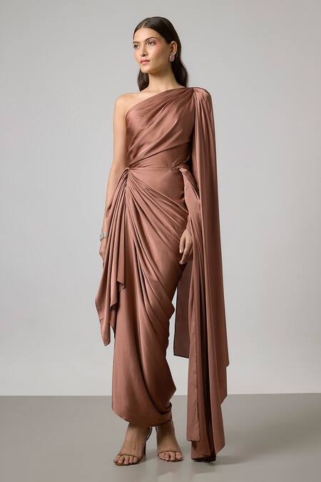 NA-KA Brown Satin One Shoulder, Cowl Neck Pleated Gown Online at Aza Fashions NA-KA_Brown Satin One Shoulder, Cowl Neck Pleated Gown _Online_at_Aza_Fashions
