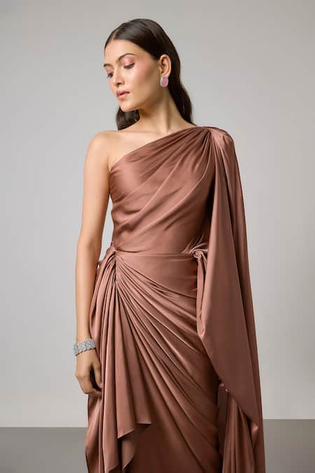 Buy NA-KA Brown Satin One Shoulder, Cowl Neck Pleated Gown Online at Aza Fashions Buy_NA-KA_Brown Satin One Shoulder, Cowl Neck Pleated Gown _Online_at_Aza_Fashions