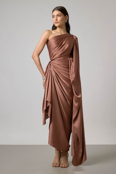 NA-KA Brown Satin One Shoulder, Cowl Neck Pleated Gown