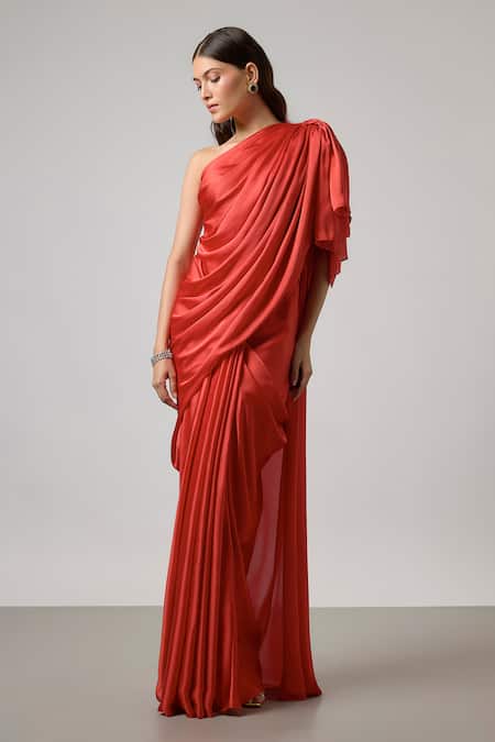 NA-KA Orange Satin Ruffles One Shoulder Draped Top And Skirt Set