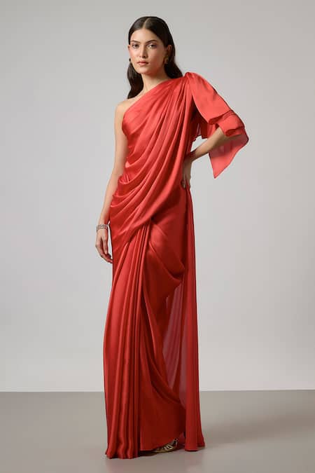 NA-KA Orange Satin Ruffles One Shoulder Draped Top And Skirt Set Online at Aza Fashions NA-KA_Orange Satin Ruffles One Shoulder Draped Top And Skirt Set _Online_at_Aza_Fashions