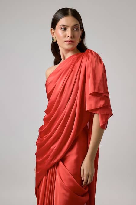 Shop NA-KA Orange Satin Ruffles One Shoulder Draped Top And Skirt Set Online at Aza Fashions Shop_NA-KA_Orange Satin Ruffles One Shoulder Draped Top And Skirt Set _Online_at_Aza_Fashions