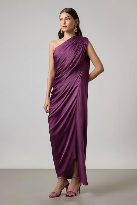 NA-KA Wine Satin One Shoulder Pleated Top And Draped Skirt Set