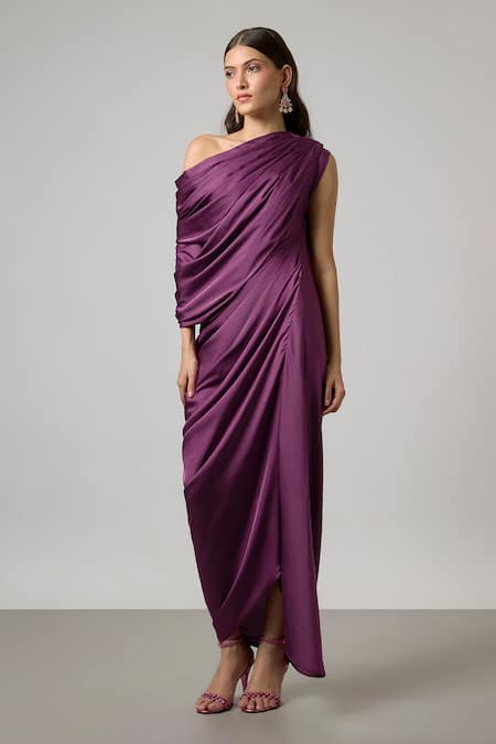 NA-KA Wine Satin One Shoulder Off Gown With Removable Cowl Drape Online at Aza Fashions NA-KA_Wine Satin One Shoulder Off Gown With Removable Cowl Drape _Online_at_Aza_Fashions