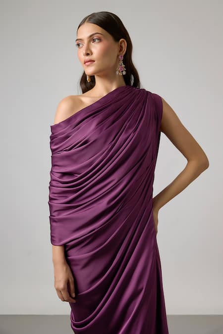 Buy NA-KA Wine Satin One Shoulder Off Gown With Removable Cowl Drape Online at Aza Fashions Buy_NA-KA_Wine Satin One Shoulder Off Gown With Removable Cowl Drape _Online_at_Aza_Fashions