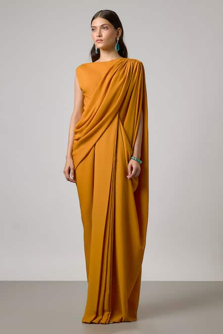 NA-KA Yellow Georgette Round Neck Pleated Cowl Gown Online at Aza Fashions NA-KA_Yellow Georgette Round Neck Pleated Cowl Gown _Online_at_Aza_Fashions