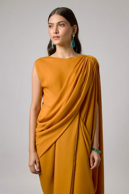 Buy NA-KA Yellow Georgette Round Neck Pleated Cowl Gown Online at Aza Fashions Buy_NA-KA_Yellow Georgette Round Neck Pleated Cowl Gown _Online_at_Aza_Fashions