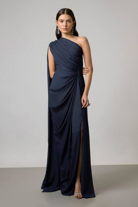 NA-KA Blue Georgette One Shoulder Gathered Gown Online at Aza Fashions NA-KA_Blue Georgette One Shoulder Gathered Gown _Online_at_Aza_Fashions