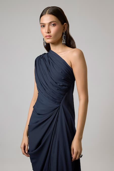 Buy NA-KA Blue Georgette One Shoulder Gathered Gown Online at Aza Fashions Buy_NA-KA_Blue Georgette One Shoulder Gathered Gown _Online_at_Aza_Fashions