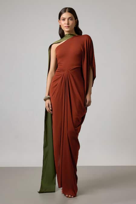 NA-KA Orange Crepe, Satin One Shoulder Draped Gown With Detachable Sash Online at Aza Fashions NA-KA_Orange Crepe, Satin One Shoulder Draped Gown With Detachable Sash _Online_at_Aza_Fashions